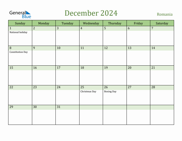 December 2024 Calendar with Romania Holidays