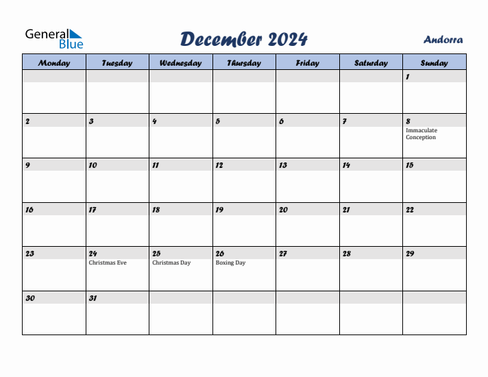 December 2024 Calendar with Holidays in Andorra