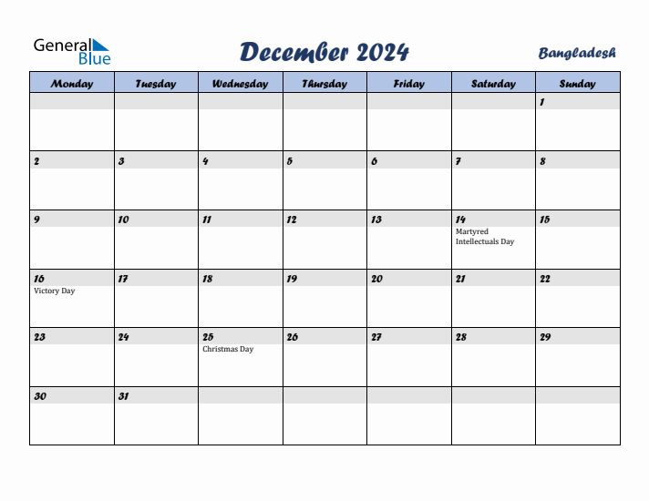 December 2024 Calendar with Holidays in Bangladesh