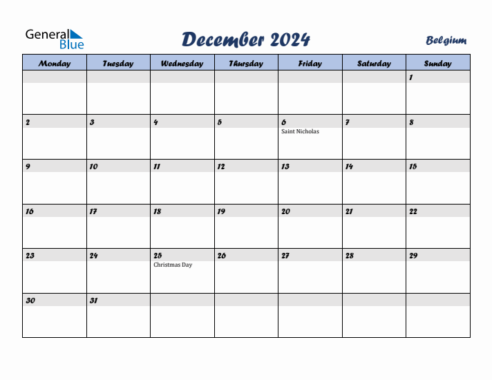 December 2024 Calendar with Holidays in Belgium