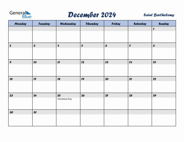 December 2024 Calendar with Holidays in Saint Barthelemy