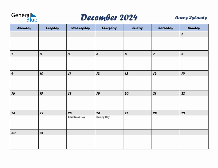 December 2024 Calendar with Holidays in Cocos Islands