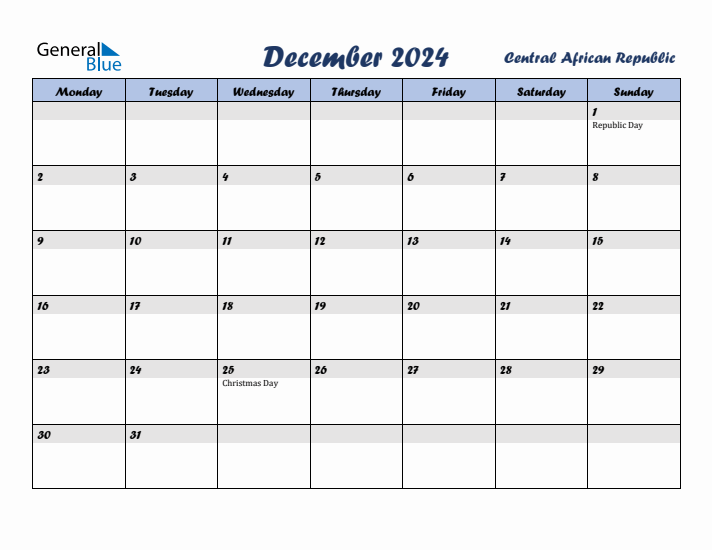 December 2024 Calendar with Holidays in Central African Republic