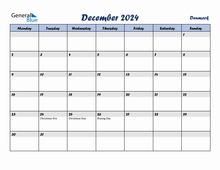 December 2024 Calendar with Holidays in Denmark