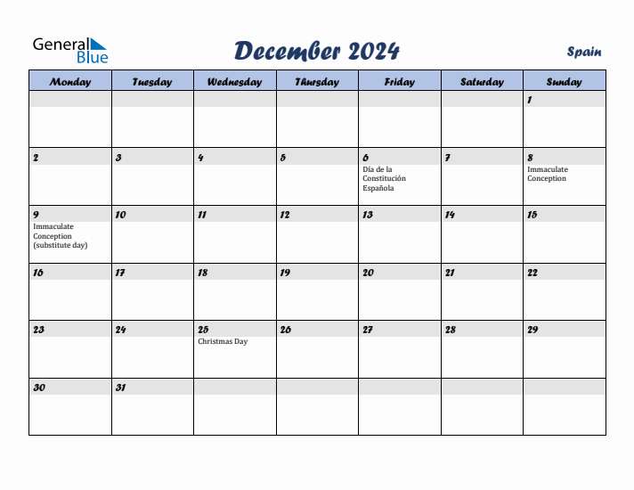 December 2024 Calendar with Holidays in Spain