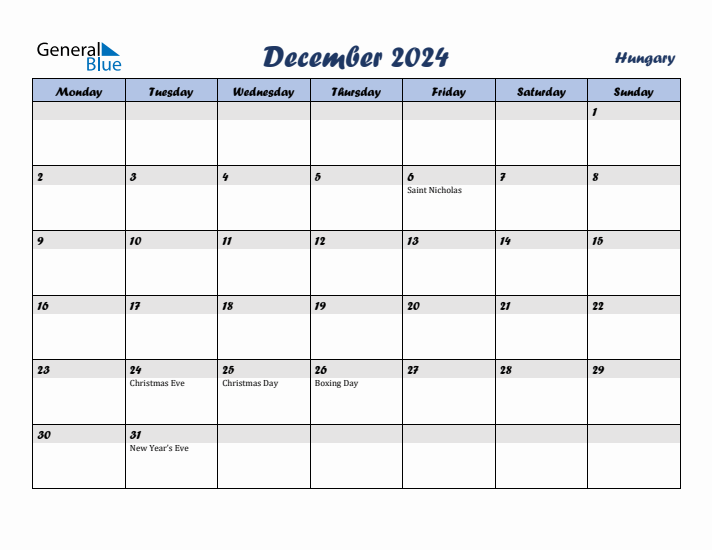 December 2024 Calendar with Holidays in Hungary