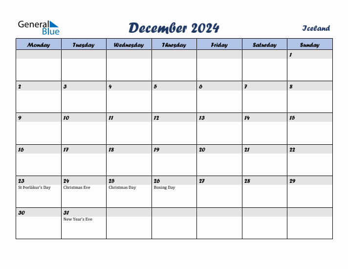 December 2024 Calendar with Holidays in Iceland