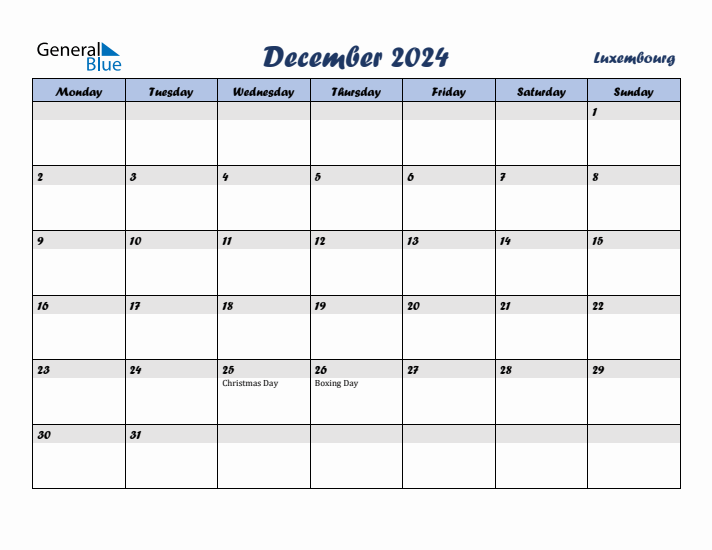 December 2024 Calendar with Holidays in Luxembourg