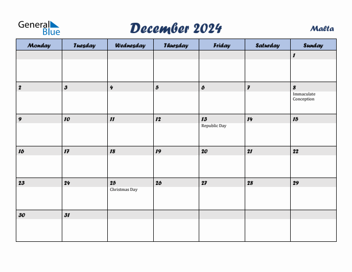 December 2024 Calendar with Holidays in Malta