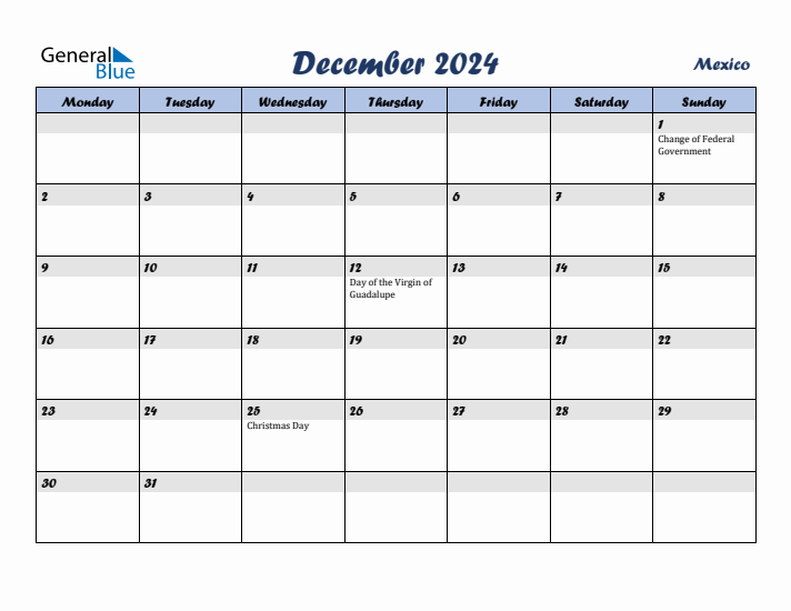 December 2024 Calendar with Holidays in Mexico