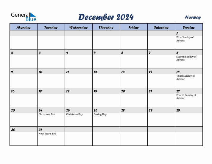 December 2024 Calendar with Holidays in Norway