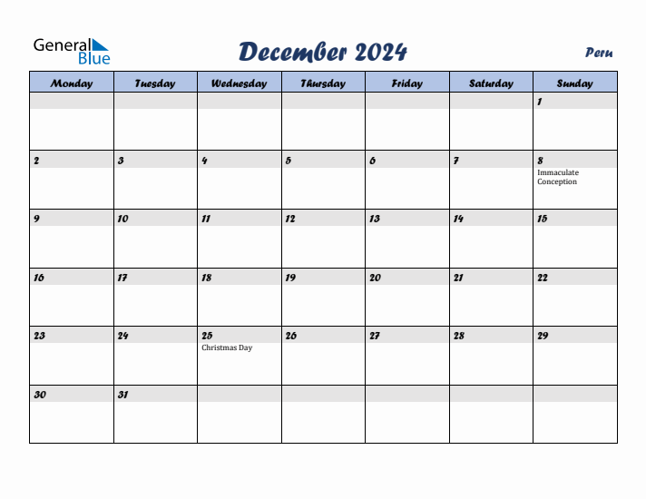 December 2024 Calendar with Holidays in Peru