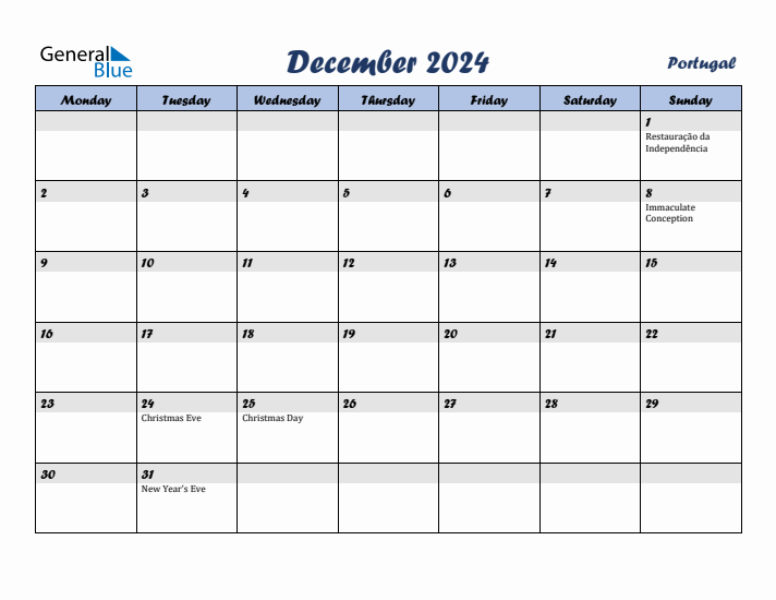 December 2024 Calendar with Holidays in Portugal