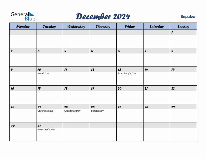 December 2024 Calendar with Holidays in Sweden