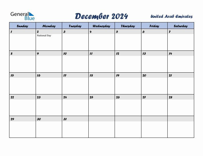 December 2024 Calendar with Holidays in United Arab Emirates