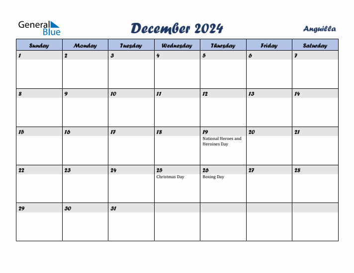 December 2024 Calendar with Holidays in Anguilla