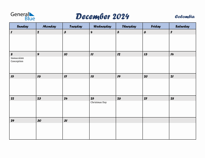 December 2024 Calendar with Holidays in Colombia