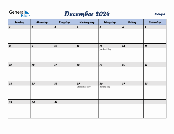 December 2024 Calendar with Holidays in Kenya