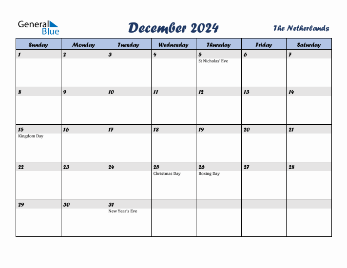 December 2024 Calendar with Holidays in The Netherlands