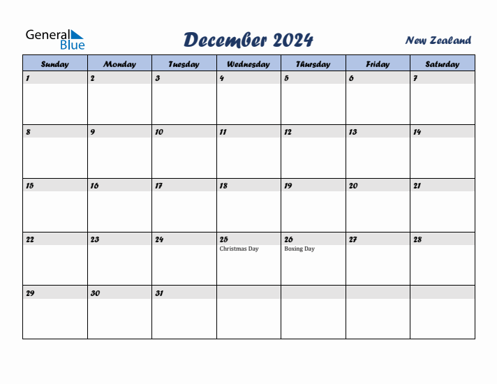 December 2024 Calendar with Holidays in New Zealand