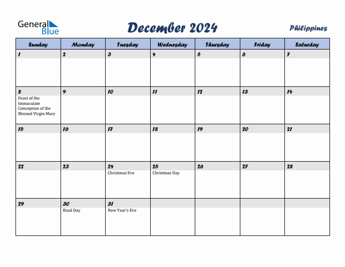 December 2024 Calendar with Holidays in Philippines