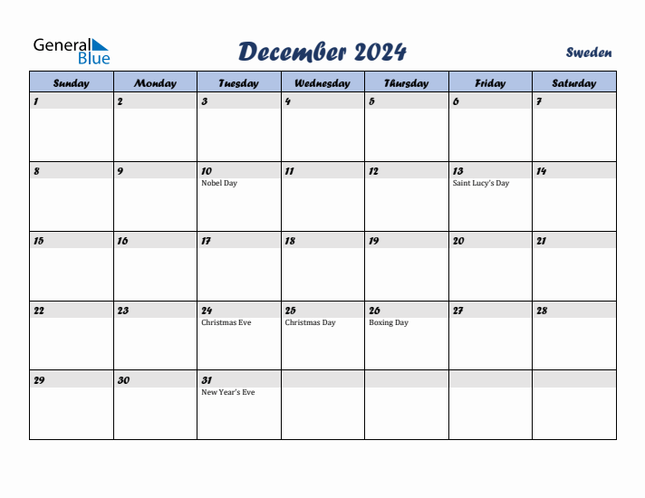 December 2024 Calendar with Holidays in Sweden