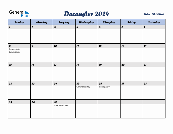 December 2024 Calendar with Holidays in San Marino