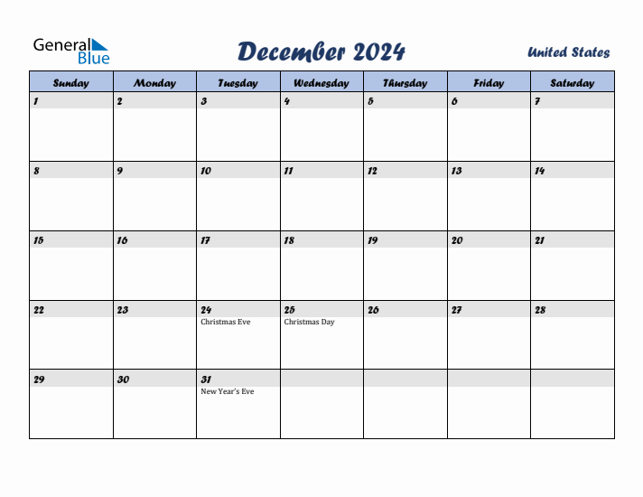 December 2024 Calendar with Holidays in United States