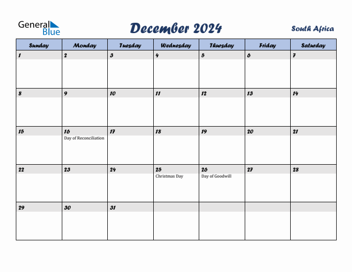 December 2024 Calendar with Holidays in South Africa