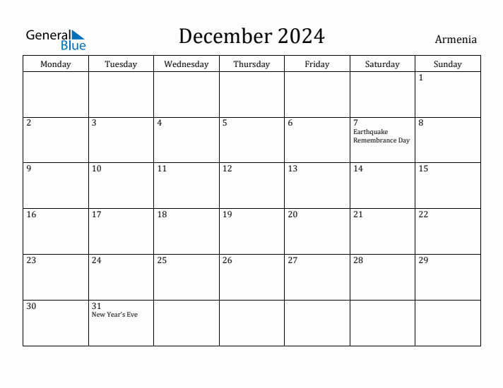 December 2024 Calendar Armenia