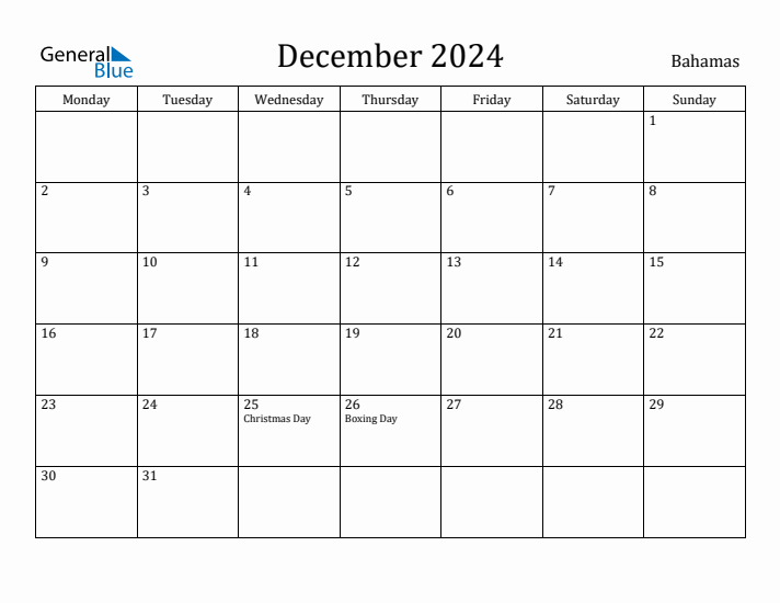 December 2024 Calendar Bahamas