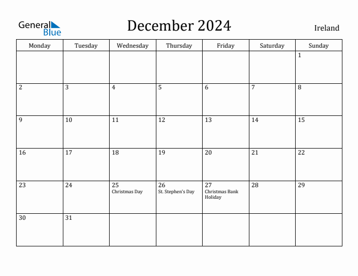 December 2024 Calendar Ireland