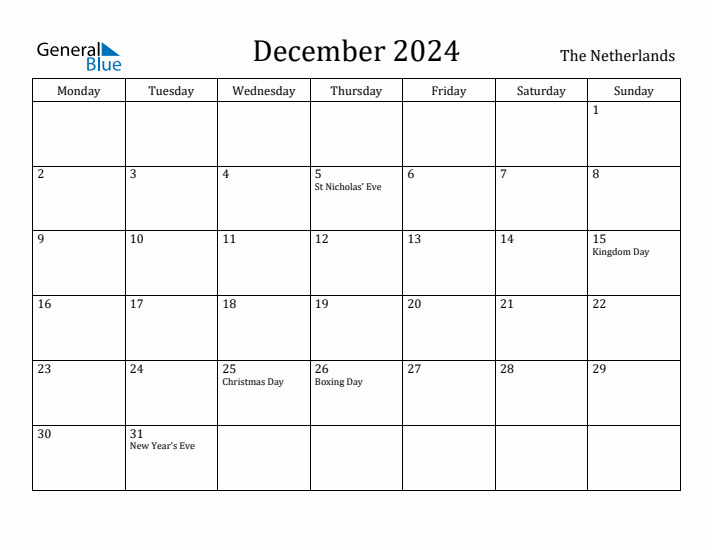 December 2024 Calendar The Netherlands