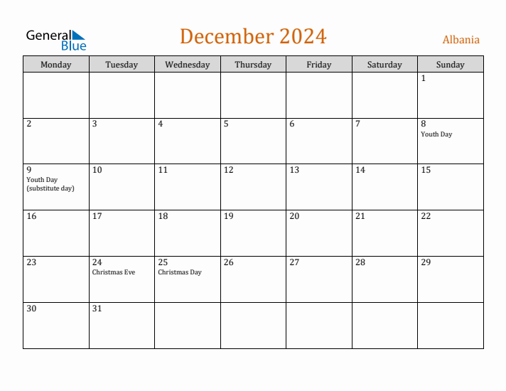 December 2024 Holiday Calendar with Monday Start