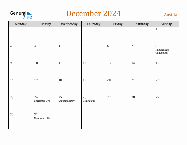 December 2024 Holiday Calendar with Monday Start