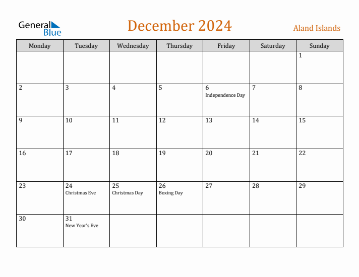 December 2024 Holiday Calendar with Monday Start