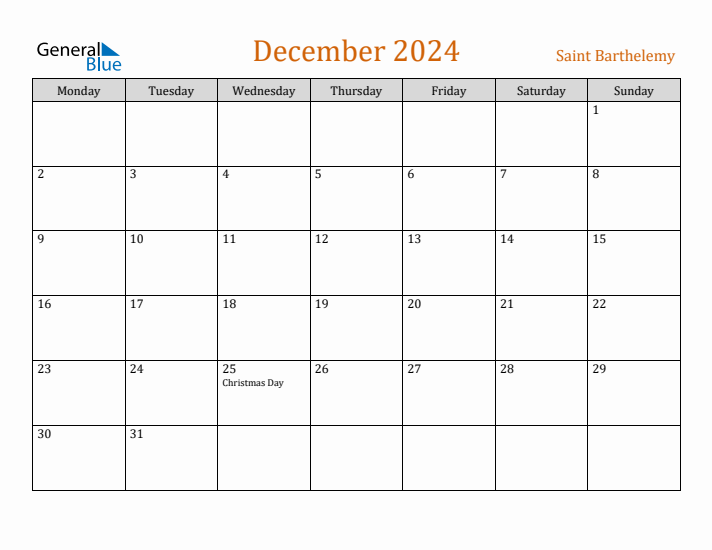 December 2024 Holiday Calendar with Monday Start