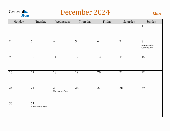 December 2024 Holiday Calendar with Monday Start