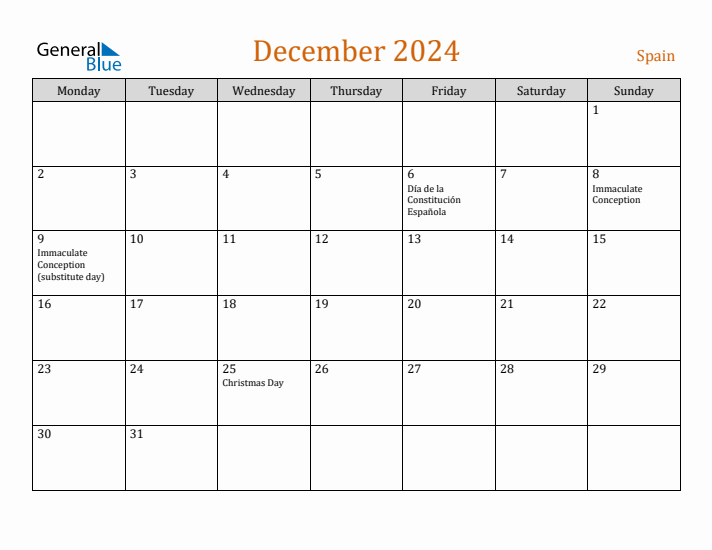 December 2024 Holiday Calendar with Monday Start