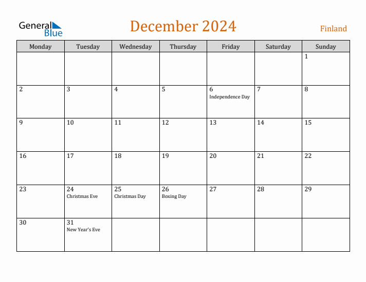 December 2024 Holiday Calendar with Monday Start