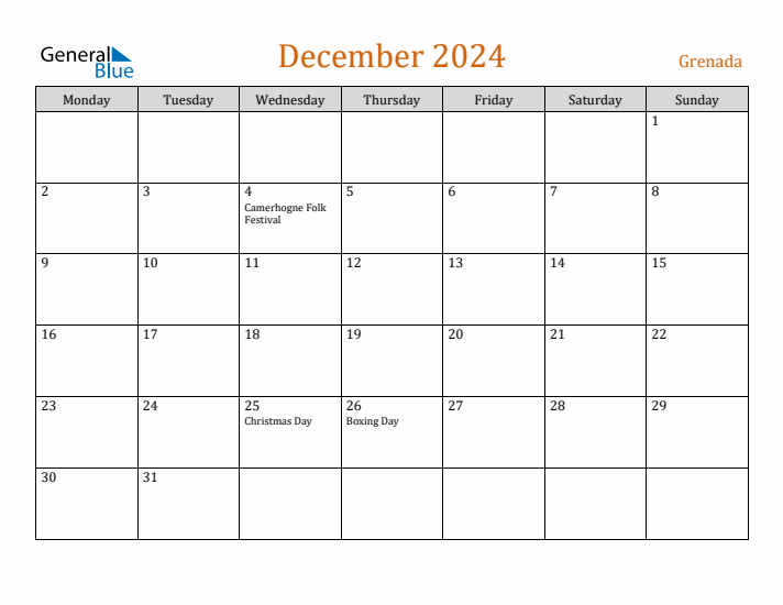 December 2024 Holiday Calendar with Monday Start