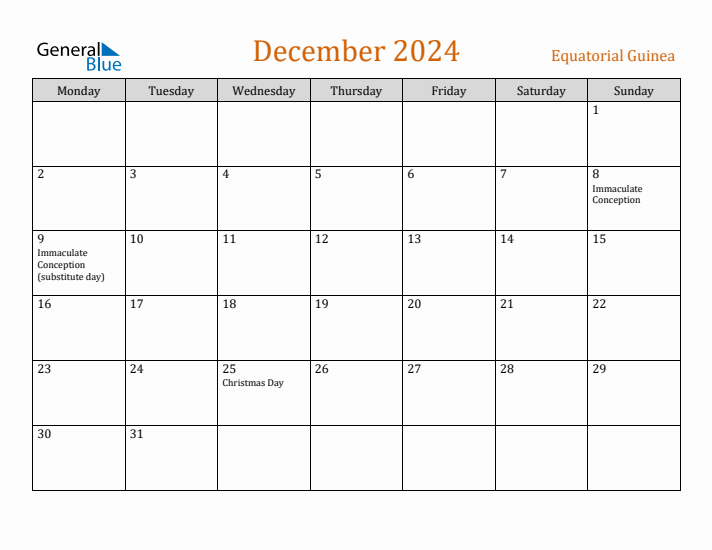 December 2024 Holiday Calendar with Monday Start