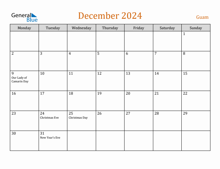 December 2024 Holiday Calendar with Monday Start