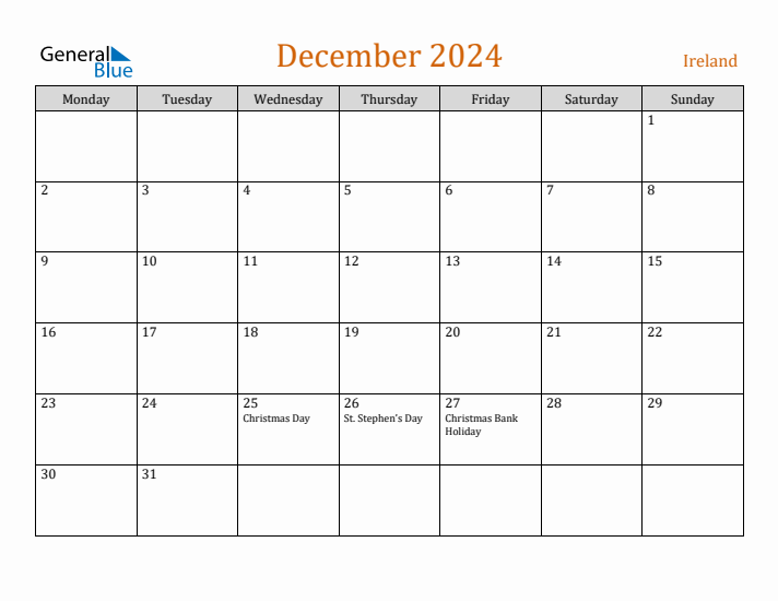 December 2024 Holiday Calendar with Monday Start