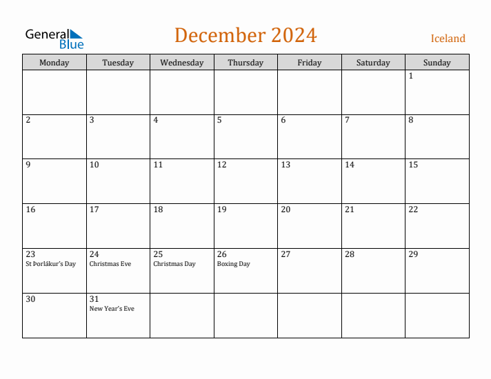 December 2024 Holiday Calendar with Monday Start