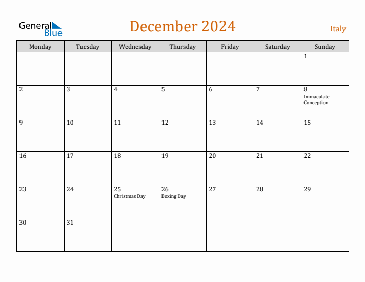 December 2024 Holiday Calendar with Monday Start