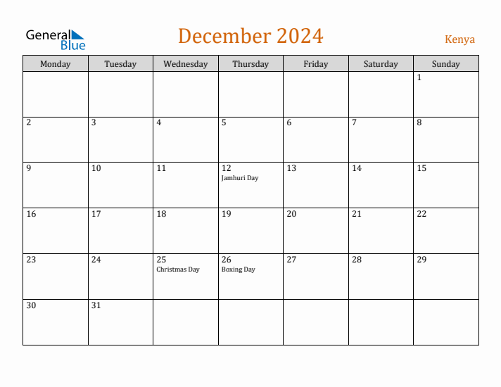 December 2024 Holiday Calendar with Monday Start