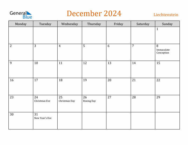 December 2024 Holiday Calendar with Monday Start