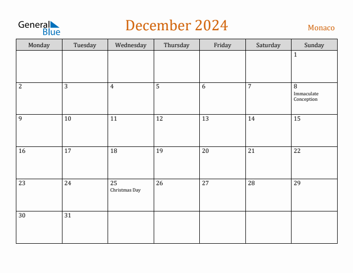 December 2024 Holiday Calendar with Monday Start