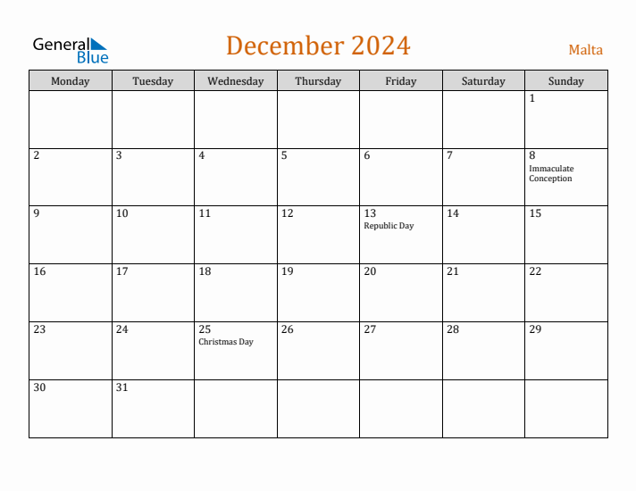 December 2024 Holiday Calendar with Monday Start